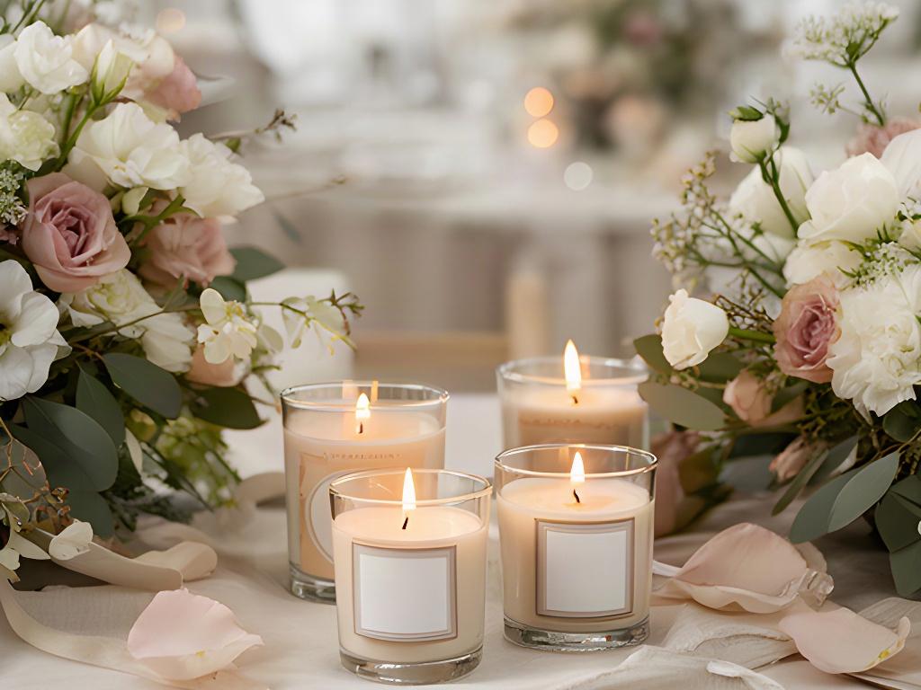 Pequeñas velas personalizadas en un centro de mesa de boda con flores naturales